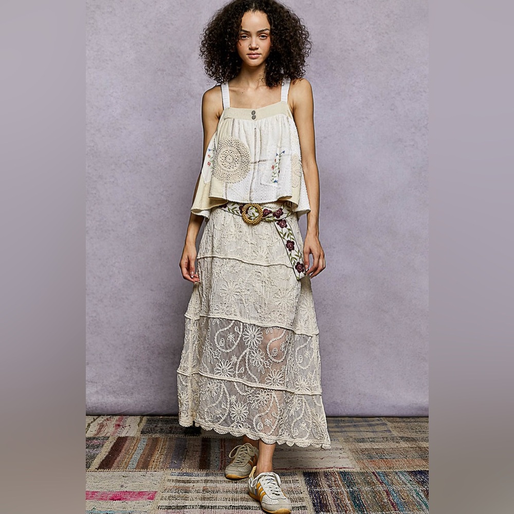 POL Floral Embroidered Tiered Crochet Skirt 10010029034